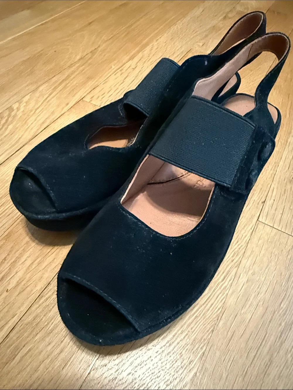 Women’s Black Suede Platform Slingback Sandals with Elastic Strap